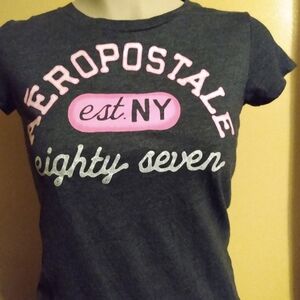 Aeropostale woman's dark grey with pink glitter logo size medium short sleeve